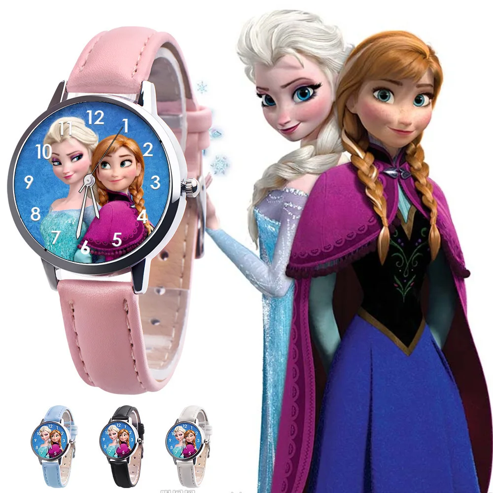 

2023 Disney Frozen 2 Princess Pattern Children Watch Toys Fashion Crystal Cartoon Leather Quartz Wristwatch for Girls Kids Toy