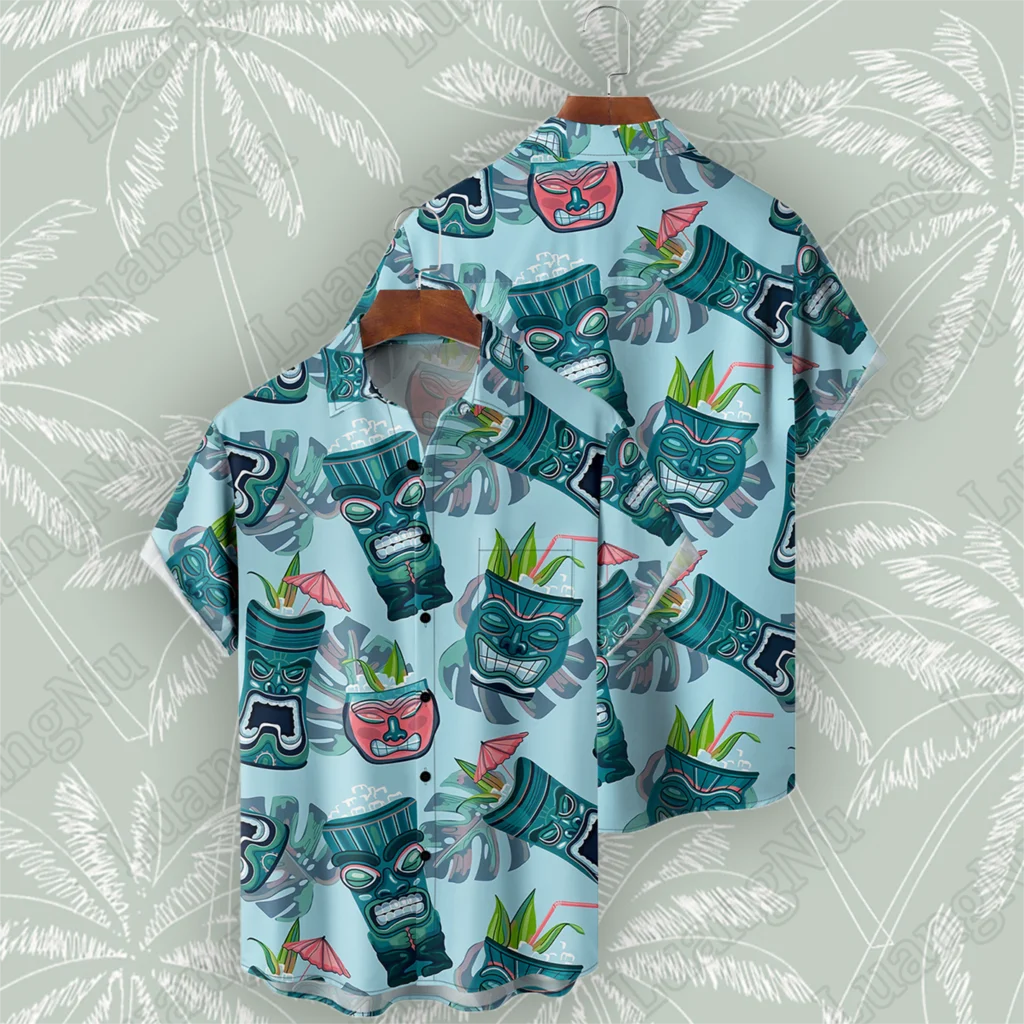 

Hawaiian Shirt Man Tiki Print Bar Short Sleeve Tops Oversized Chemise Homme High Quality Shirts for Men Casual Beach Camisas