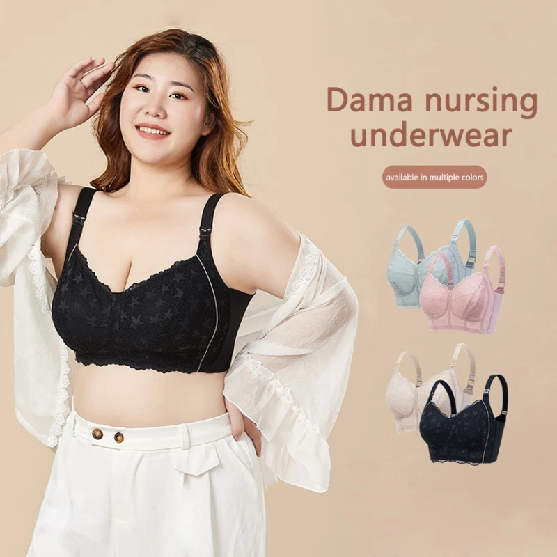 

L-5XL Plus Size Women's Breathable Nursing Bra Large Breasts Lace Front Open Buckle Maternity Underwear Women's Top Brassiere