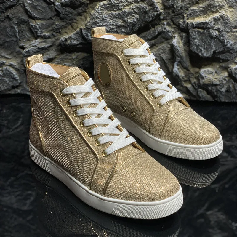 Luxury Brand Red Bottoms High Top Champagne Golden Crystal Shoes For Men's Casual Flat Loafers Women's Fashion Designer Sneakers
Luxury Brand Red Bottoms High Top Champagne Golden Crystal Shoes For Men's Casual Flat Loafers Women's Fashion Designer Sneakers
