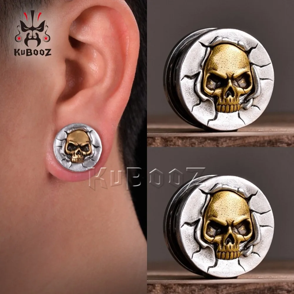 

KUBOOZ Popular Stainless Steel Golden Skull Ear Stretchers Tunnels Expanders Plugs Body Piercing Earring Gauges Jewelry 2PCS