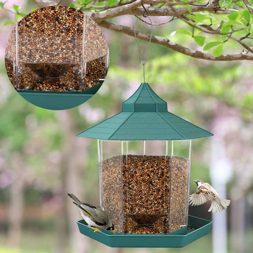 Plastic Outdoor Bird Feeder Hanging Garden Yard Decoration Hexagon Shaped Bird House with Roof Waterproof Wild Bird Feeder
Plastic Outdoor Bird Feeder Hanging Garden Yard Decoration Hexagon Shaped Bird House with Roof Waterproof Wild Bird Feeder