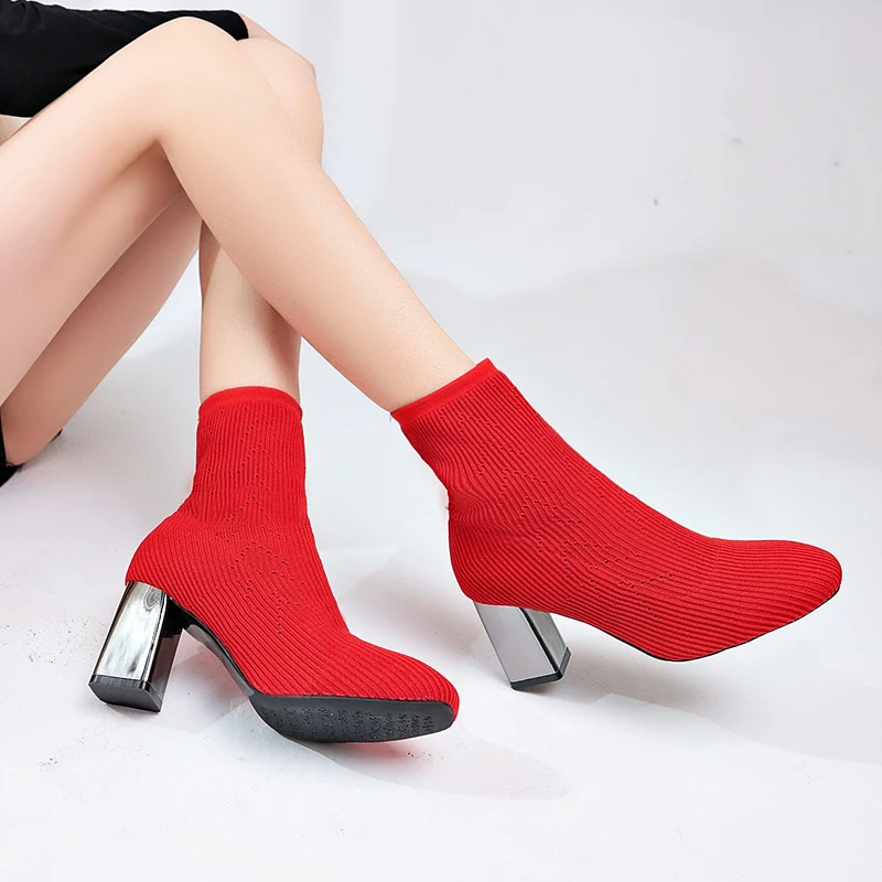 Metal Color 7cm Square Heels Socks Boots Women Big Size 43 Stretch Fabric Elastic Pointed Toe Shoes Ankle Boot Woman Chaussures
Metal Color 7cm Square Heels Socks Boots Women Big Size 43 Stretch Fabric Elastic Pointed Toe Shoes Ankle Boot Woman Chaussures