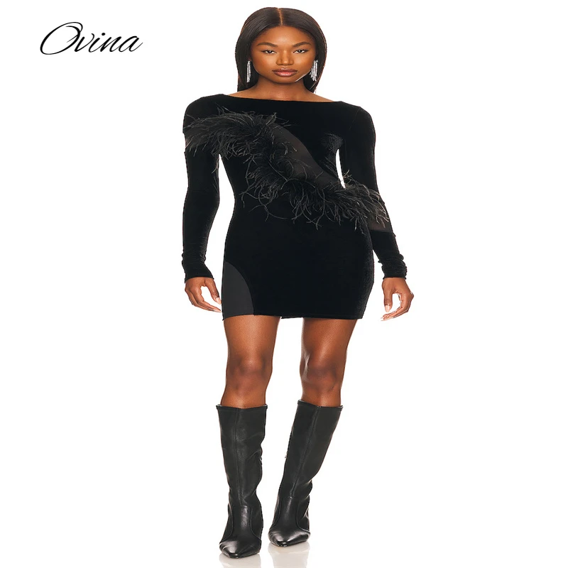 New Black Feather Design High End Women's Short Skirt 2022 Autumn Long Sleeve Tight Mesh Splice Velvet Solid Color Mini Dress
New Black Feather Design High End Women's Short Skirt 2022 Autumn Long Sleeve Tight Mesh Splice Velvet Solid Color Mini Dress