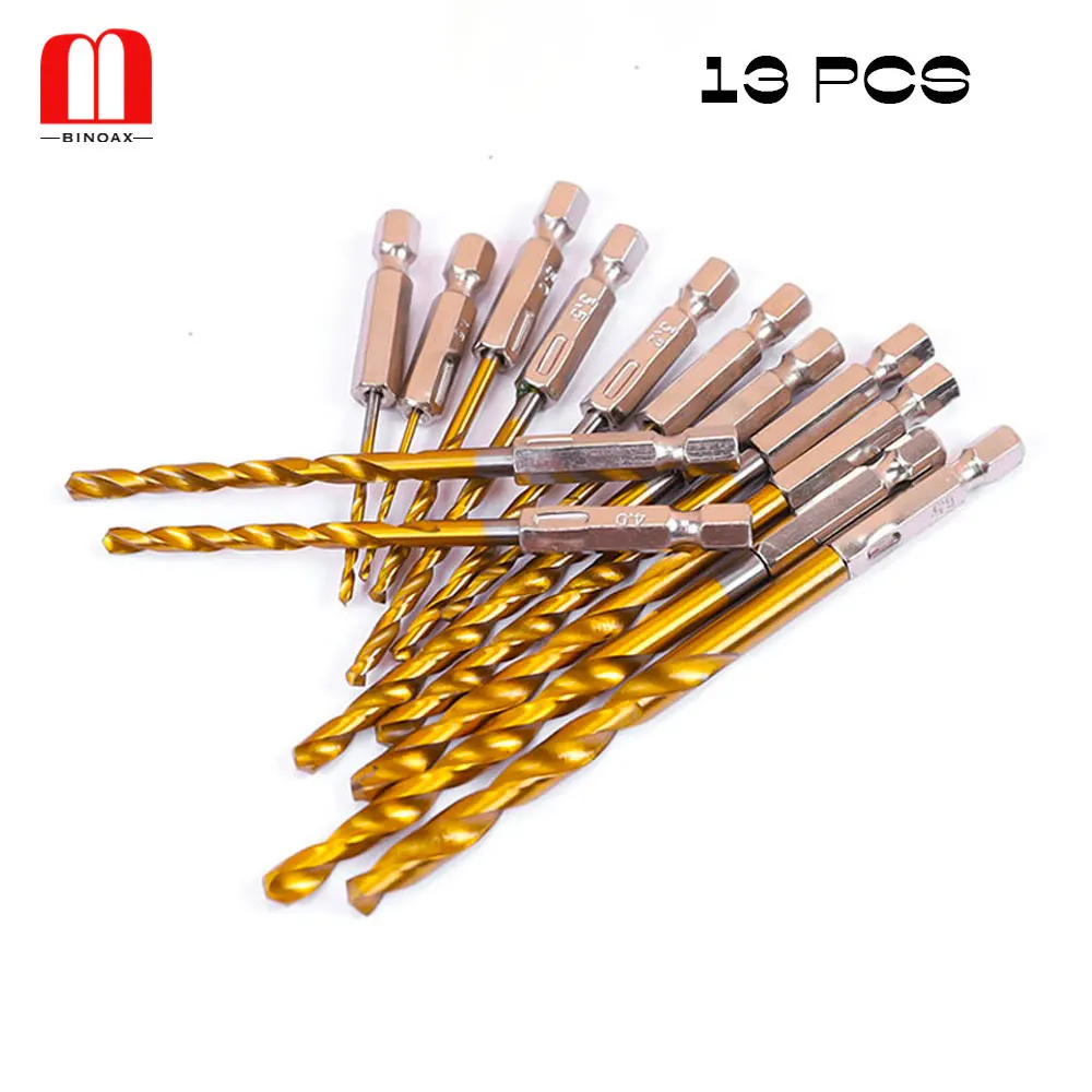 BINOAX 13pcs HSS Titanium Coated Drill Bits Set Twist Drill bit 1.5-6.5mm 1/4 Hex Shank
BINOAX 13pcs HSS Titanium Coated Drill Bits Set Twist Drill bit 1.5-6.5mm 1/4 Hex Shank