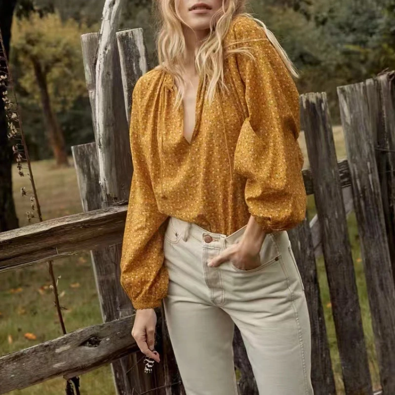 2023 New Ladies Idyllic Yellow Print V-neck Blouse Spring and Summer Women's Lace Up Bubble Sleeve Loose Shirt and Top
2023 New Ladies Idyllic Yellow Print V-neck Blouse Spring and Summer Women's Lace Up Bubble Sleeve Loose Shirt and Top