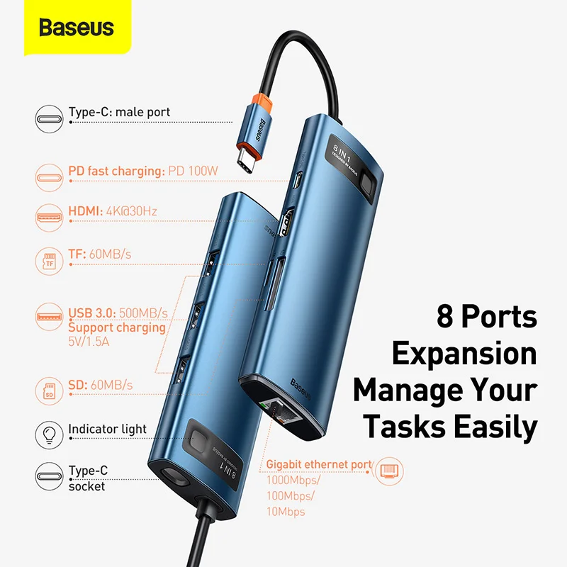 Baseus Docking Station USB to C Type Adapter HDMI Compatible USB 3.0 HUB SD TF Reader PD 100W USB C HUB for MacBook Pro Air HUB
Baseus Docking Station USB to C Type Adapter HDMI Compatible USB 3.0 HUB SD TF Reader PD 100W USB C HUB for MacBook Pro Air HUB