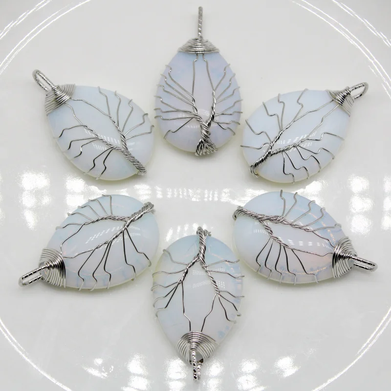

Wholesale Natural Stone Opal Tree of Life Wire Wrapped Water Droplets Beads Pendant DIY for Necklace Accessories 6pcs/lot
