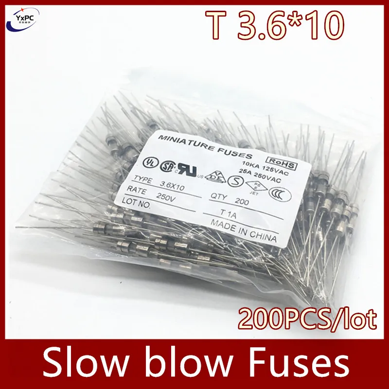 

200pcs 3.6x10mm Glass fuse Slow blow Fuses Tube with pin 250V 3.6*10 T0.5A 1A 1.6A 2A 2.5A 3A 3.15A 4A 5A 6A 6.3A 8A 10A 15A
