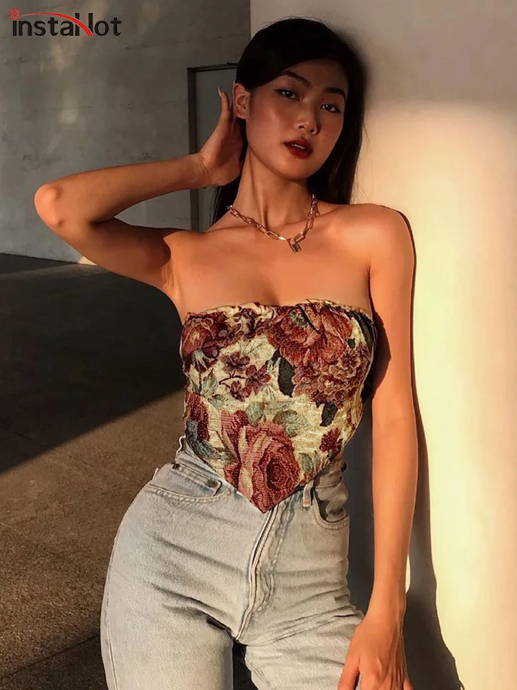 

InstaHot Floral Print Bandeau Tube Crop Corset Top Women's Sleeveless Strapless Slim Cami Crop Top Backless Asymmetrical Top