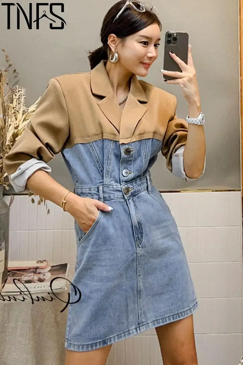 TNFS Women Denim blazer Dress Notched Collar Stitched Single Breasted Long Sleeve Suit Dress Fashion Ladies Mini Dresses Autumn
TNFS Women Denim blazer Dress Notched Collar Stitched Single Breasted Long Sleeve Suit Dress Fashion Ladies Mini Dresses Autumn