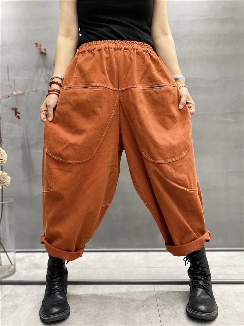 

Autumn New Fashion Women's Elastic Waist Casual Loose Harem Pants Female Thick Solid Color Simple Vintage Baggy Carrot Trousers