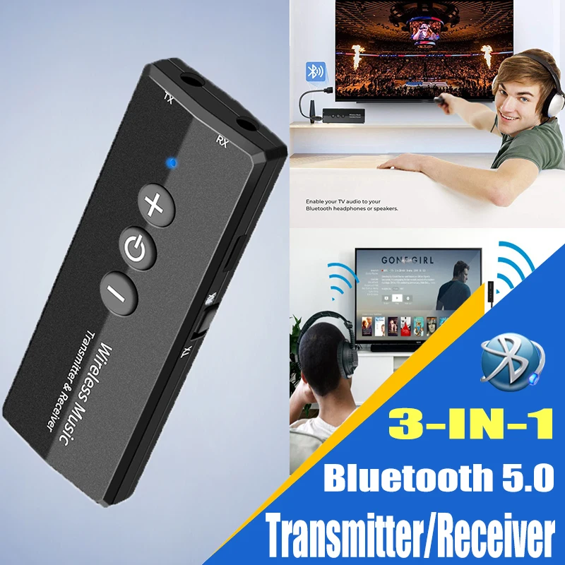 

New Bluetooth Audio Receiver Transmitter V5.0 Wireless Audio EDR Dongle 3.5mm Jack Aux 3in1 Adapter for Home TV Headphone PC Car