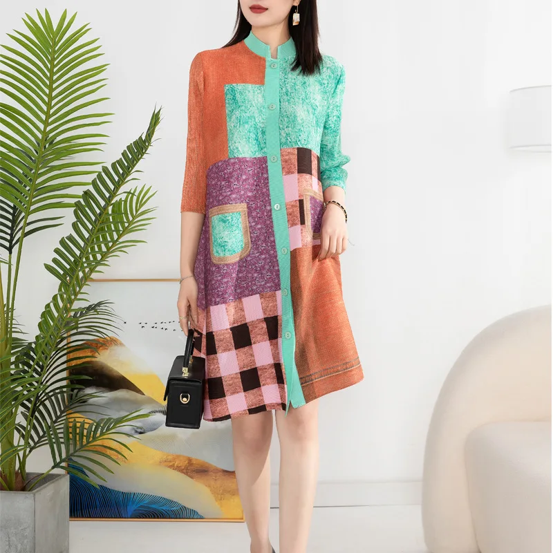 

Miyake Fold Print Dress New 2023 Spring Autumn Print Stand Collar Breasted Seven Points Sleeve Mid-length Cardigan Dresses Women