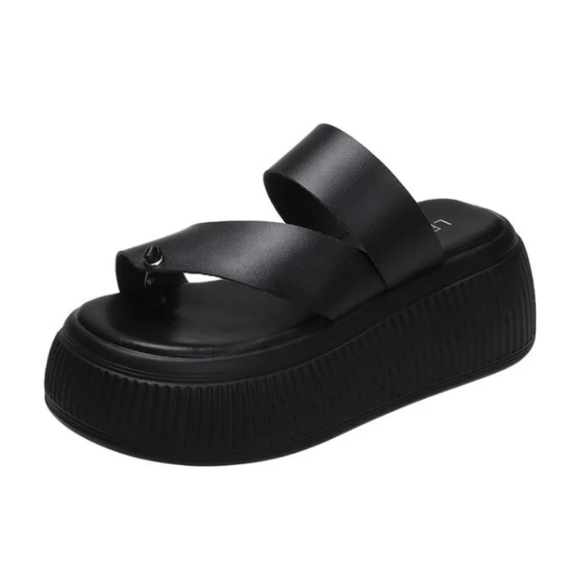 

New Summer Platform Wedges Slippers 7CM Heels Peep Toe Sandals Ladies Beach Flats Shoes Women Moccasins Retro Leather Flip Flops