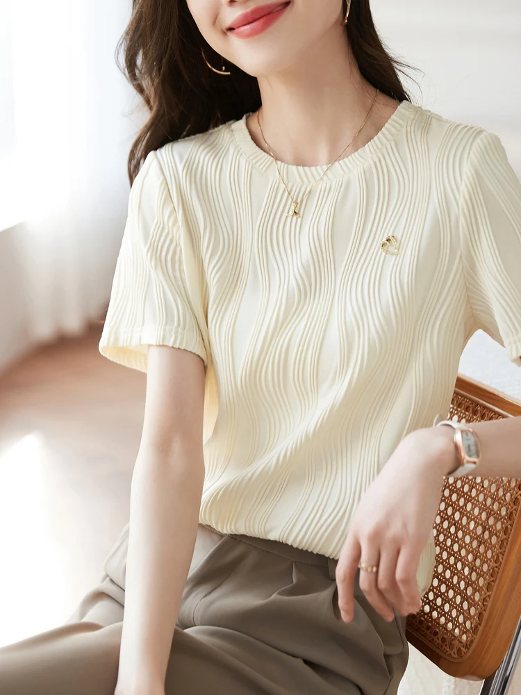 

BETHQUENOY Summer Clothes For Women Tops 2023 Fitted Solid Casual Tshirts Femme Round Neck Tweed T-Shirt Woman Camiseta Mujer