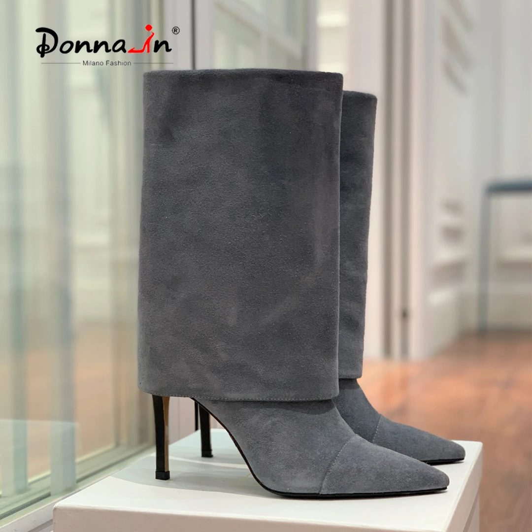 

Donna-in/новые модные дизайнерские современные ботинки; Роскошные Кожаные Замшевые туфли-лодочки на высоком каблуке-шпильке; Женские ботинки до середины икры с острым носком