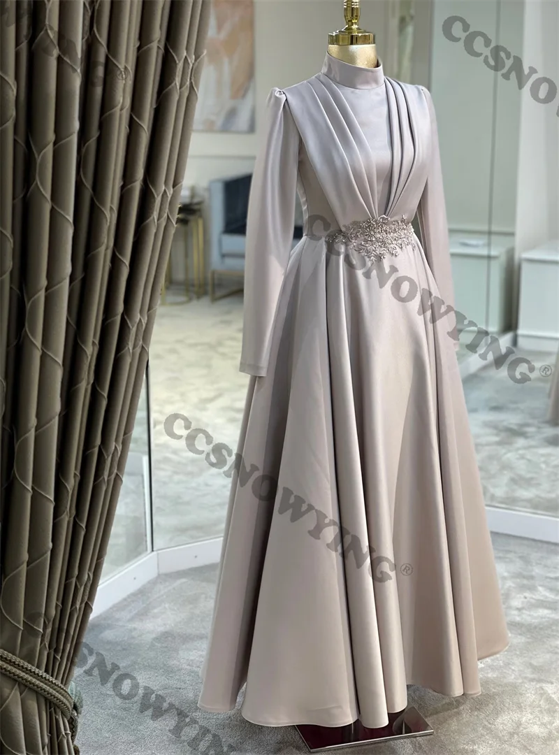 

Серебристые простые модные мусульманские Вечерние Платья, официальное женское платье с высоким воротником и длинным рукавом, трапециевидный арабский Дубайский кафтан