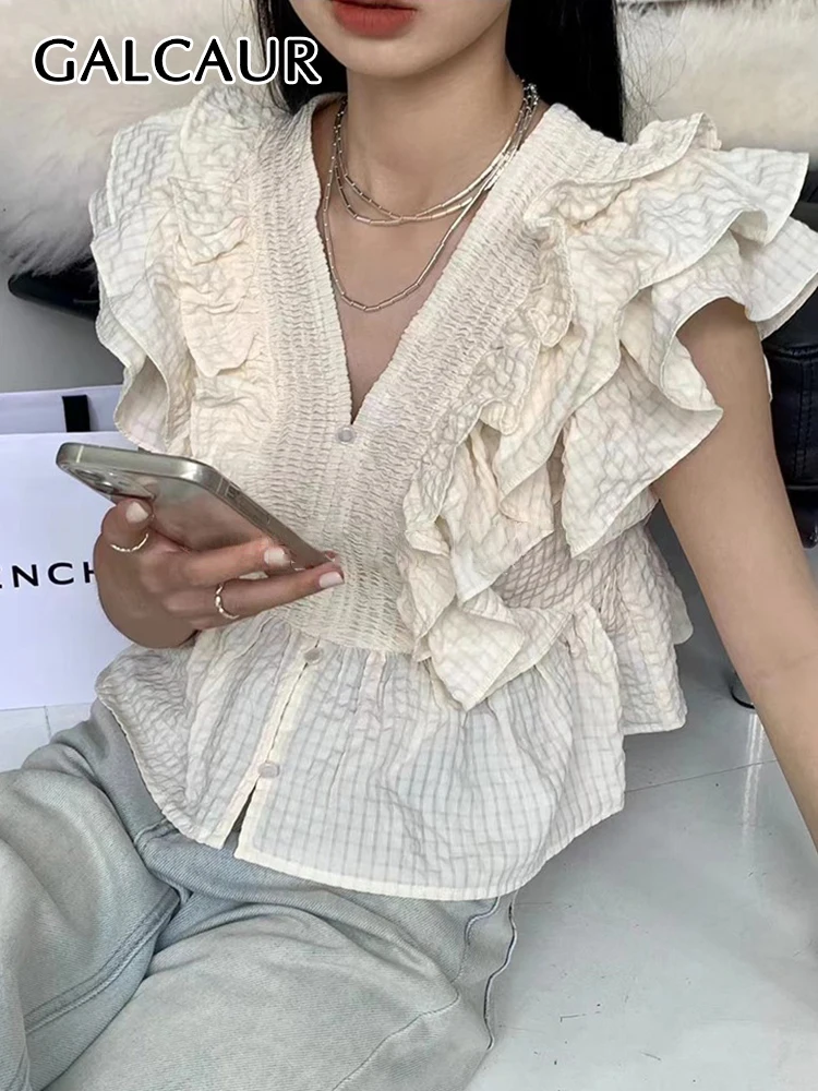 GALCAUR Korean Fashion Frill Trim Summer Shirt For Women V Neck Flying Slim Solid Casual Blouses Female Clothing Style New 2022
GALCAUR Korean Fashion Frill Trim Summer Shirt For Women V Neck Flying Slim Solid Casual Blouses Female Clothing Style New 2022