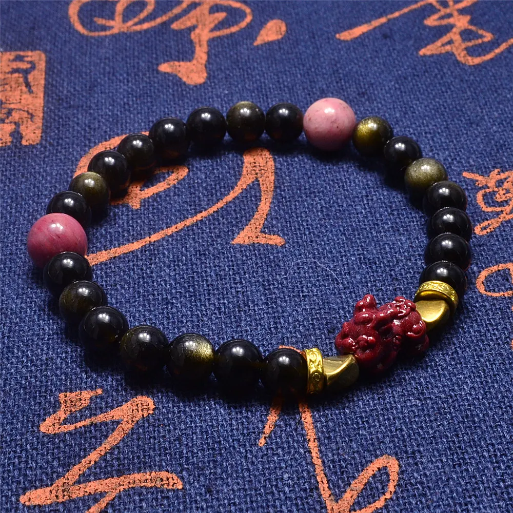 Feng Shui Women's Wristband Bracelet Gold Obsidian Stone Beads with Red Cinnabar Pixiu and Rhodonite Good Luck
Feng Shui Women's Wristband Bracelet Gold Obsidian Stone Beads with Red Cinnabar Pixiu and Rhodonite Good Luck