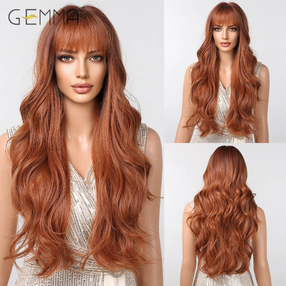 

GEMMA Copper Ginger Long Wavy Synthetic Wig with Bangs Red Brown Natural Wave Hair Wigs for Women Heat Resistant Cosplay Wig