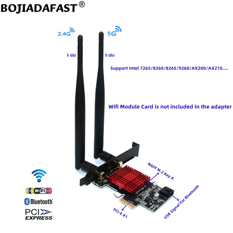 NGFF M.2 A/A-E Key to PCI-E X1 Wireless Adapter Card Heatsink for Intel 7265 8260 8265 9260 AX200 AX210 Wifi BT Module
NGFF M.2 A/A-E Key to PCI-E X1 Wireless Adapter Card Heatsink for Intel 7265 8260 8265 9260 AX200 AX210 Wifi BT Module