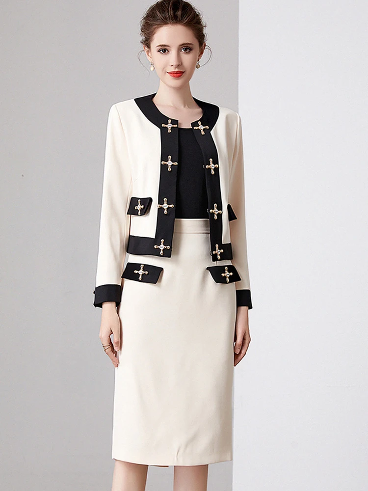 ZJYT Autumn Fashion Runway Two Piece Dress Set Womens Outfits Office Work Wear Elegant Color Block Jacket and Skirt Suits Beige
ZJYT Autumn Fashion Runway Two Piece Dress Set Womens Outfits Office Work Wear Elegant Color Block Jacket and Skirt Suits Beige