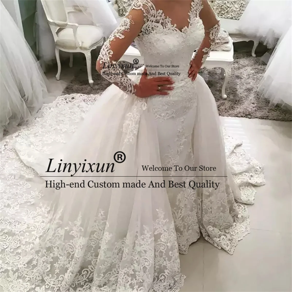 Arabic 2 in 1 Detachable Train Mermaid Wedding Dress With Appliques Long Sleeve Lace Bridal Gowns Sexy Open Back robe de mariée
Arabic 2 in 1 Detachable Train Mermaid Wedding Dress With Appliques Long Sleeve Lace Bridal Gowns Sexy Open Back robe de mariée
