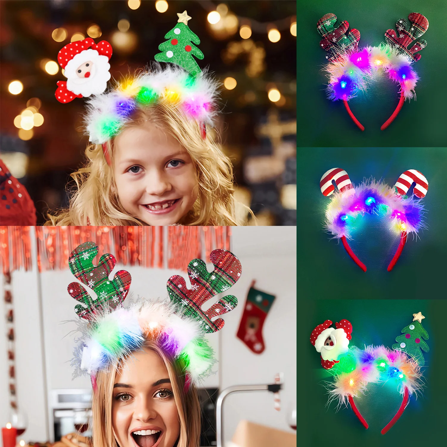 

Christmas Hair Band Glowing Crutch Headband Xmas Tree Snowflake Hair Band Deer Horn Light Flashing Headwear Merry Christmas Gift