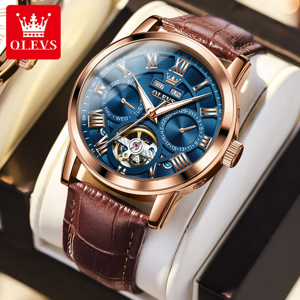 

Механические часы-скелетоны OLEVS для мужчин, автоматические часы с кожаным ремешком, мужские деловые наручные часы с вечным календарем