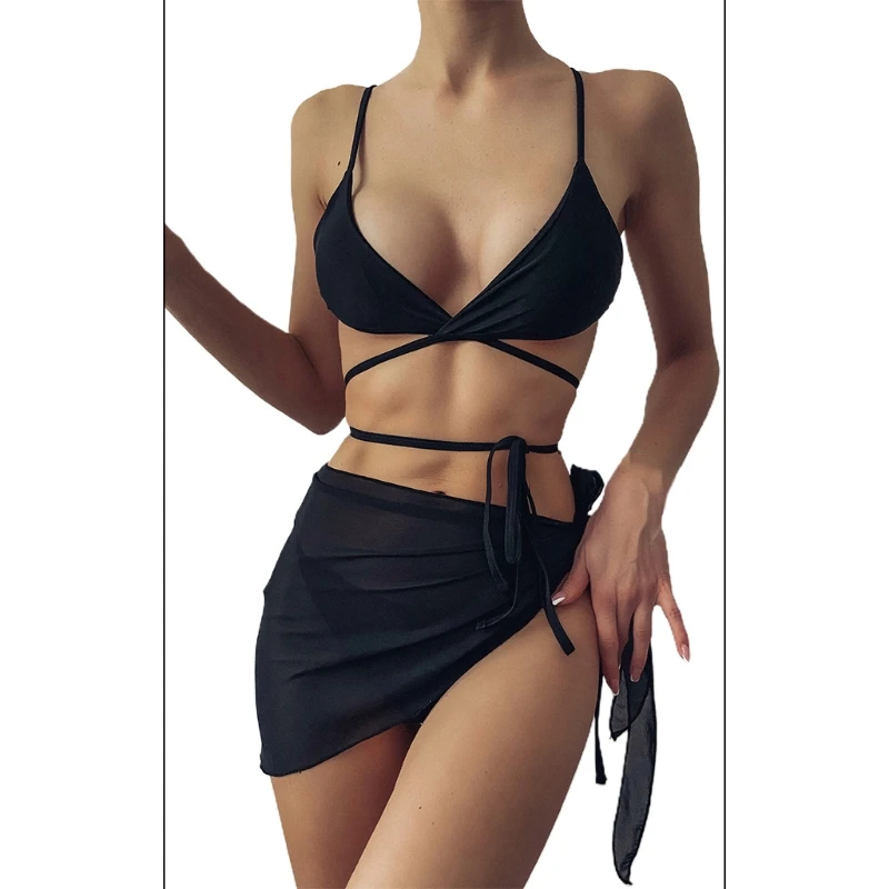 3pcs Swimsuit Set Women Solid Color Black Brazilian Bikini Self Tie Cross Front Bandage Bathing Suit with Sheer Sarong Ups
3pcs Swimsuit Set Women Solid Color Black Brazilian Bikini Self Tie Cross Front Bandage Bathing Suit with Sheer Sarong Ups