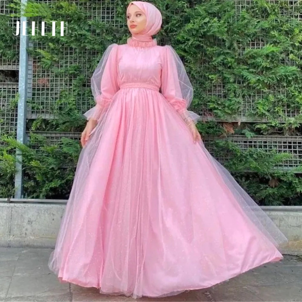 JEHETH Shiny Pink Muslim Women Prom Dresses Scarf High Neck Long Sleeves Arabric Women Party Evening Dress Formal Occasion Gowns
JEHETH Shiny Pink Muslim Women Prom Dresses Scarf High Neck Long Sleeves Arabric Women Party Evening Dress Formal Occasion Gowns