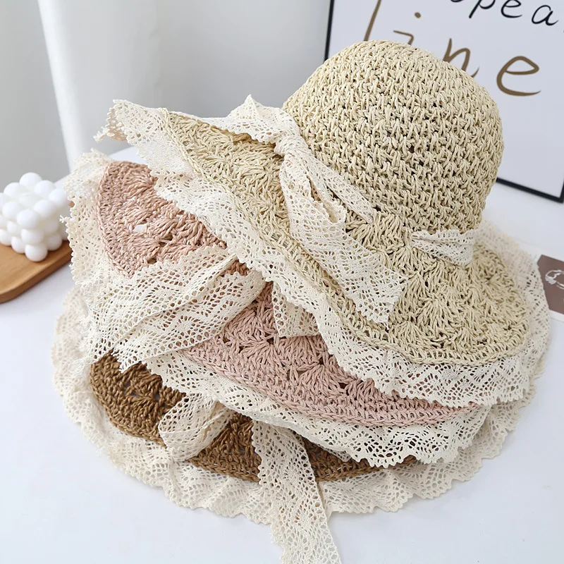 

Summer Lace Straw Hat, Female Bow Knot, Hollow Grass Weaving, Sun Protection, Sunshade, Fisherman's Hat, Sweet Beach Travel Hat