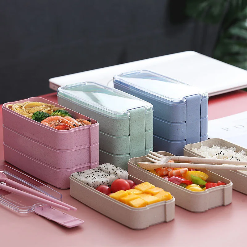 

Wheat Straw Lunch Box Portable Three-layer Sealed Lunch Box Microwave Student Compartmented Lunch Box Kids Bento Cute Box