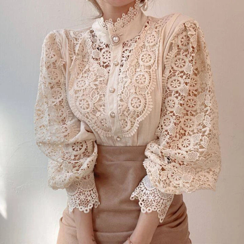 Fashion Office Lady Lace Buttons Shirt Femme Elegant OL Women Blouses Long Sleeve Stand Collar Hollow Out Lace Patchwork Blouse
Fashion Office Lady Lace Buttons Shirt Femme Elegant OL Women Blouses Long Sleeve Stand Collar Hollow Out Lace Patchwork Blouse