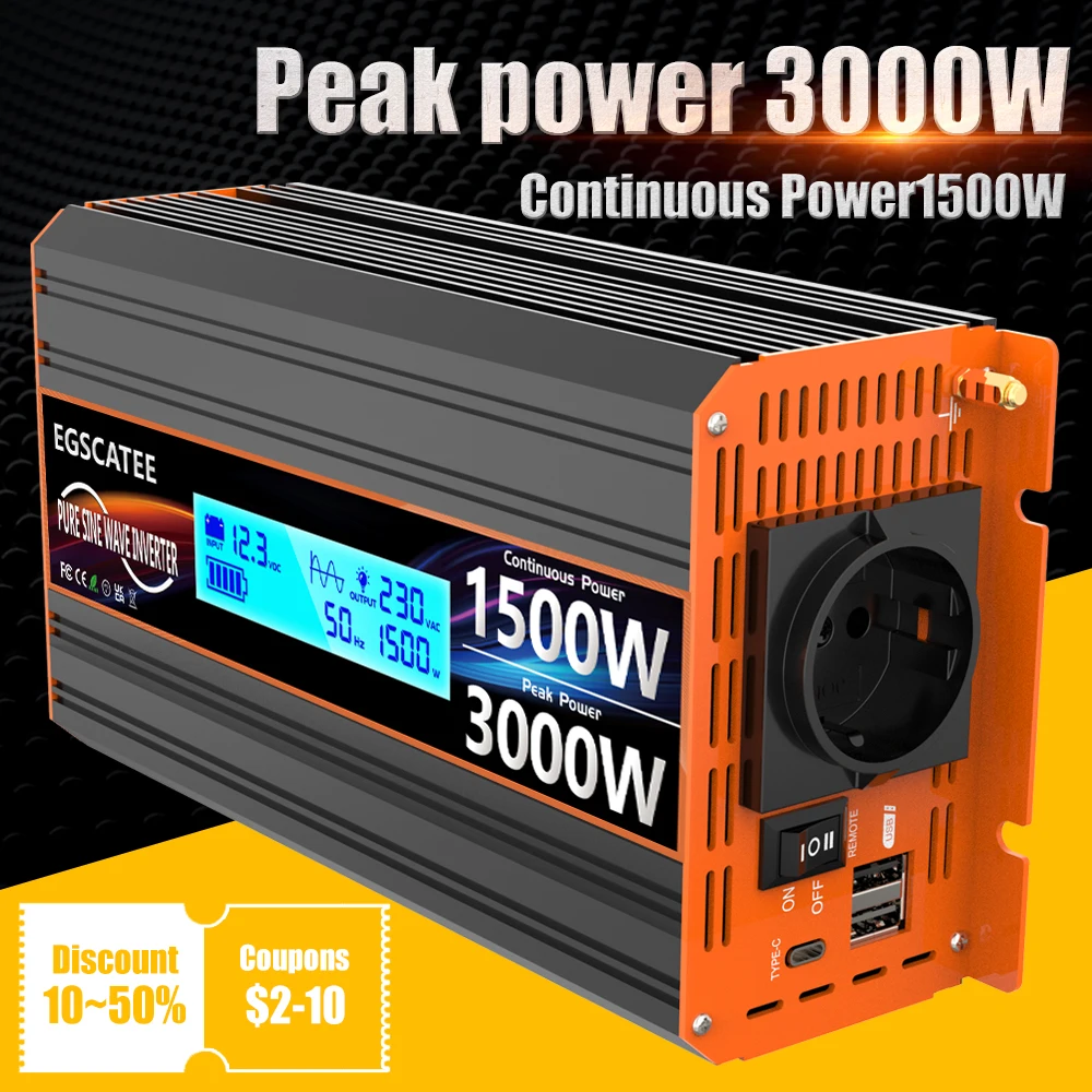Pure Sine Wave Power Inverter 1500w/2500W/3000w/4000w/5000w/6000w dc 12v LED display is suitable for ac 220v solar converter car
Pure Sine Wave Power Inverter 1500w/2500W/3000w/4000w/5000w/6000w dc 12v LED display is suitable for ac 220v solar converter car
