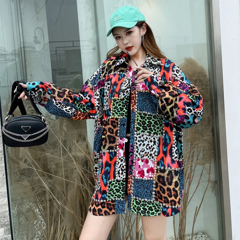2023 Spring Autumn Fashion Contrast Colors Leopard Print Women Shirt Jacket Chic Rivet Beaded Lapel Long Sleeve Female Outerwear
2023 Spring Autumn Fashion Contrast Colors Leopard Print Women Shirt Jacket Chic Rivet Beaded Lapel Long Sleeve Female Outerwear