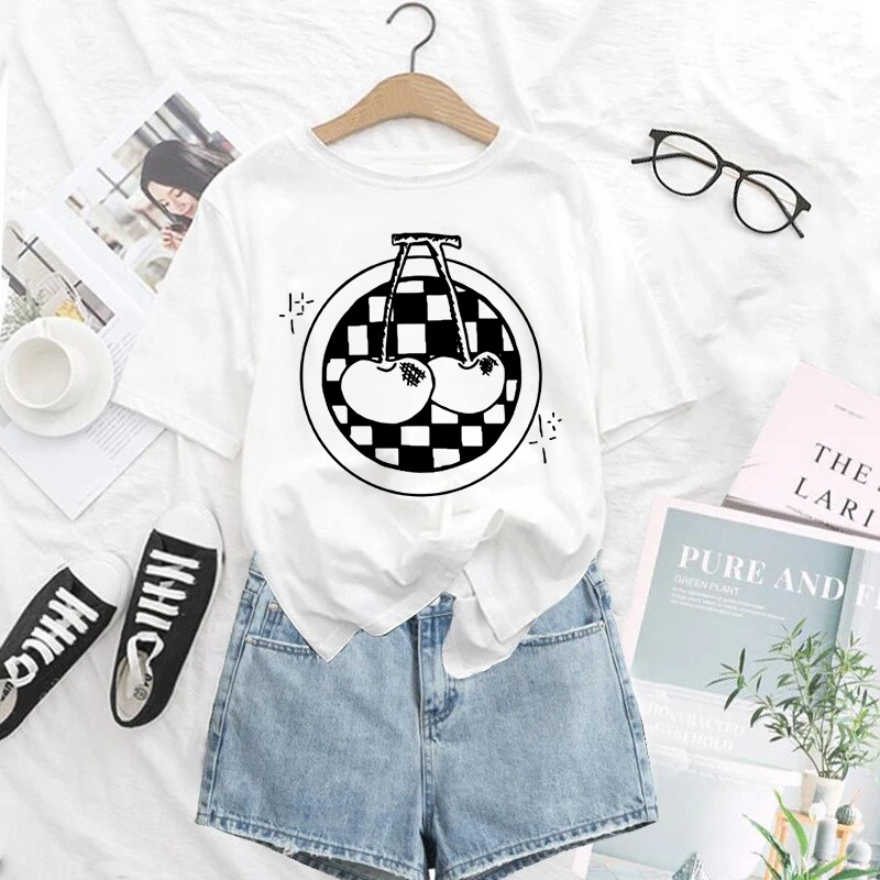 2022 Fashion Summer Cherry T-shirt Women Tops Cartoons lattice Graphics Kawaii T-shirt Painting Casual Clothes female Tee Shirt 
2022 Fashion Summer Cherry T-shirt Women Tops Cartoons lattice Graphics Kawaii T-shirt Painting Casual Clothes female Tee Shirt