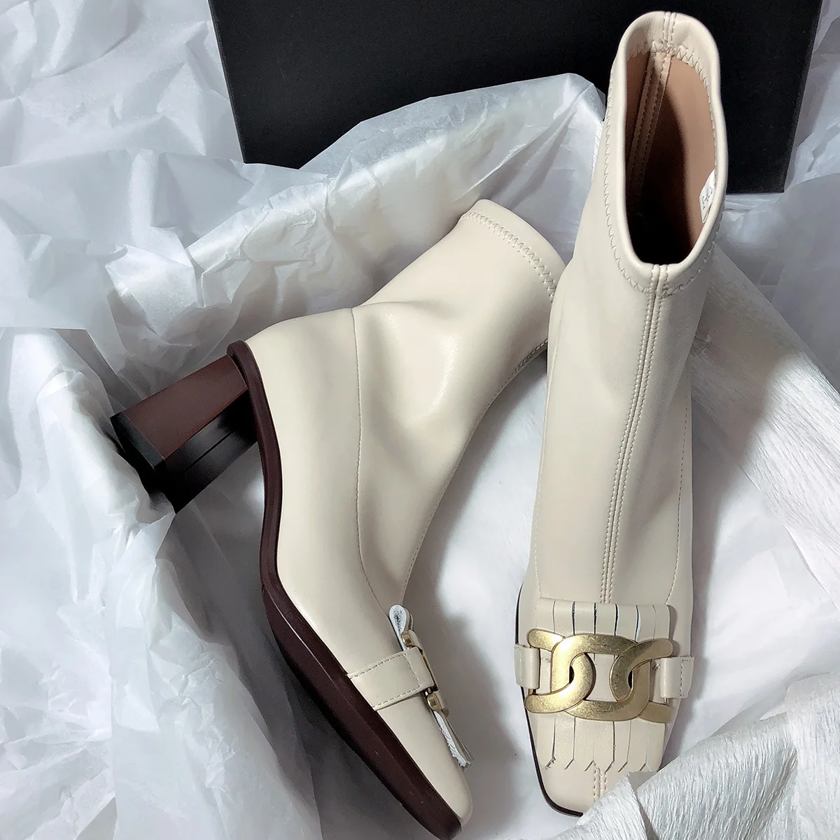 

White Ankle Boots Shoes Boots-Women Low High Heel Rubber 2023 Ladies Square Toe Fringe Rome Microfiber Slip-On Concise Basic Fl