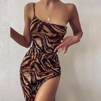 Elegant Women’s Summer Suspender Dress Sexy Tiger Pattern One Shoulder Slim Fit Split Ladies Casual Long Maxi Dress 408