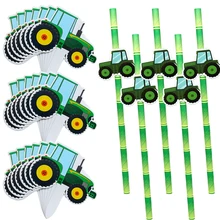1Set Farm Tractor Vehicle Paper Straws Cake Toppers for Boys Farm Tractor Themed Happy Birthday Party Decoration Supplies