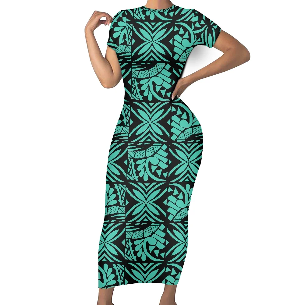

HYCOOL Samoan Tattoos Print Green Maxi Dress For Church Short Sleeve Long Bodycon Summer Dress Polynesian Tribal Women Clothing