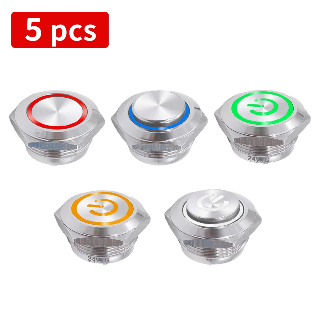 

5 PCS Ultra Short Metal Button Switch 12v 12mm 16mm 19mm 22mm Ring Lamp Power Symbol Waterproof LED Light Self Reset Momentary