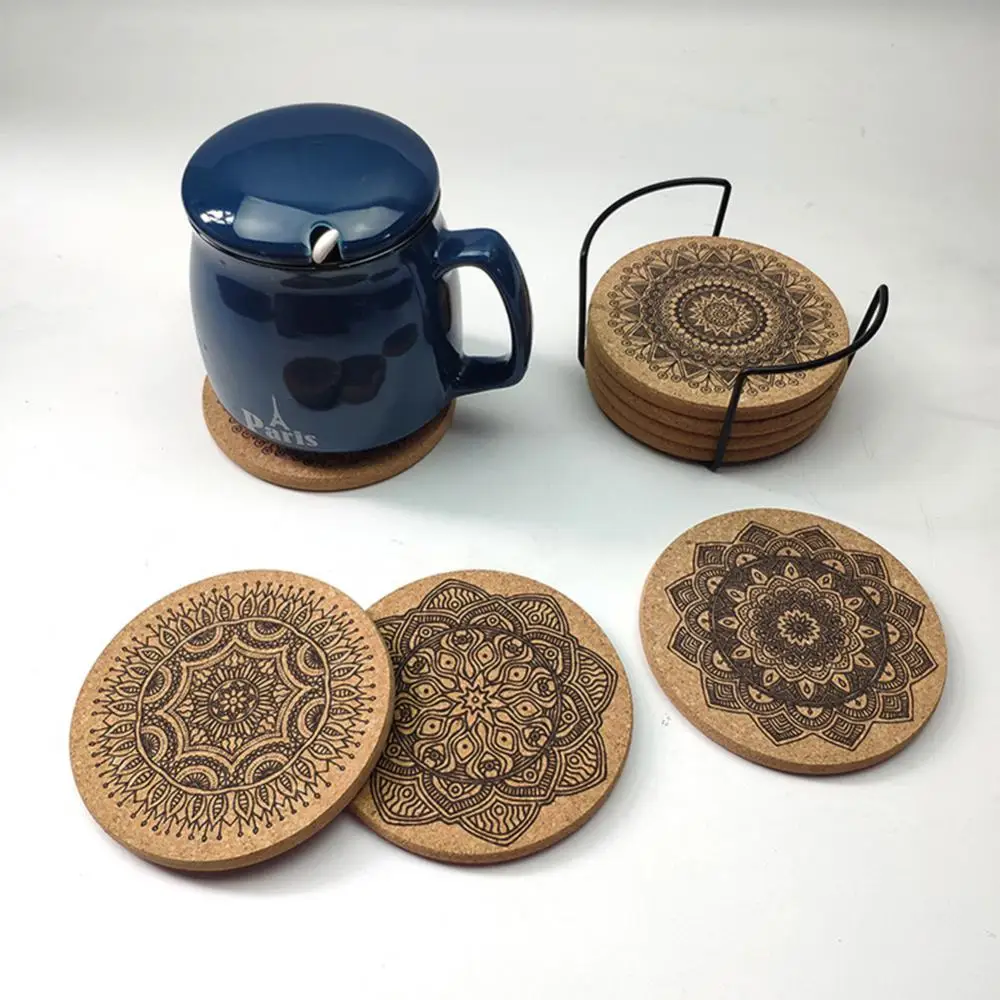 

1 Set Coffee Cup Pad With Rack Nordic Mandala Round Cork Coaster Non-slip Round Shape Wooden Coasters Nordic Mandala Design 6pcs
