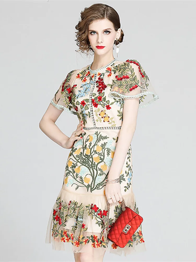 Gorgeous Flower Embroidery Hollow Out Slim Ruffles Dress Women Elegant Butterfly Sleeve O-Neck Party Summer Dress Mesh Vestidos
Gorgeous Flower Embroidery Hollow Out Slim Ruffles Dress Women Elegant Butterfly Sleeve O-Neck Party Summer Dress Mesh Vestidos