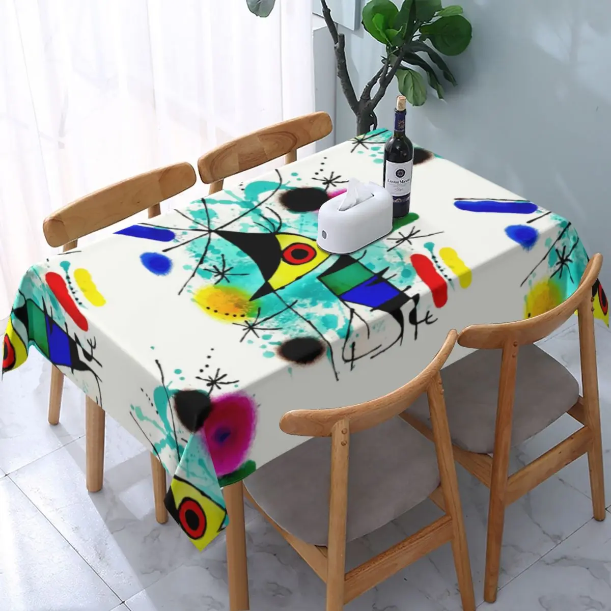 

Joan Miro Tablecloth Rectangular Elastic Fitted Waterproof Abstract Surrealism Table Cloth Cover for Dining Room