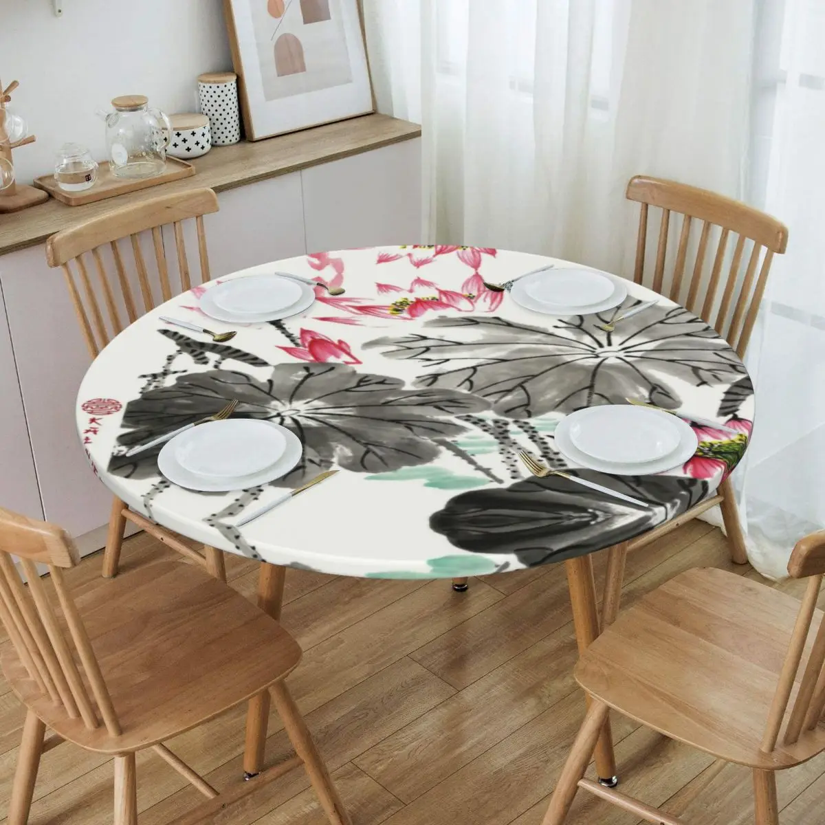 Скатерть с рисунком водяных лилий Lotus Stems, эластичная Натяжная скатерть с рисунком китайских чернил и цветочным узором, чехол для банкета 
Скатерть с рисунком водяных лилий Lotus Stems, эластичная Натяжная скатерть с рисунком китайских чернил и цветочным узором, чехол для банкета