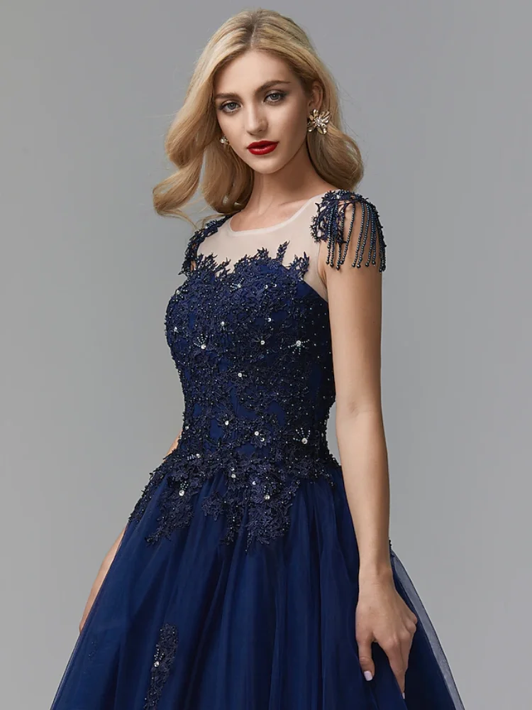 

Elegant Formal Prom Dress Floor Length Backless Short Sleeve Stain with Appliques Beading Evening Party Gown