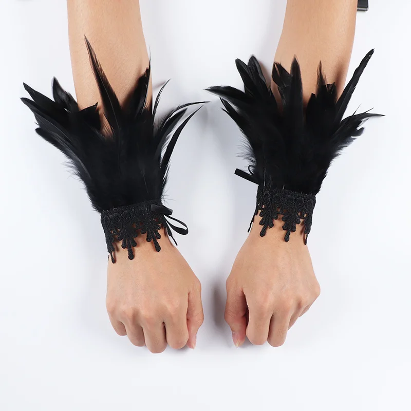 

Punk Gothic Gloves Feather Wrist Cuff Carnival Stage Show Showgirl Natural Dyed Rooster Feather Arm Warmer Party Cosplay Costume