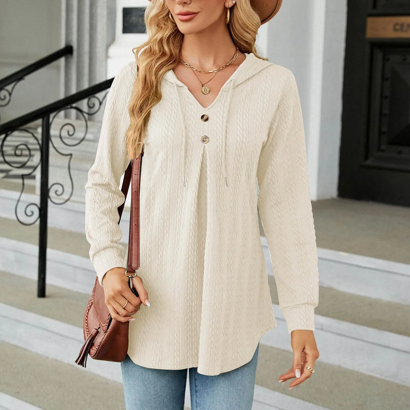 

Women Hooded Twist Jacquard T Shirt Casual V Neck Butumn Loose Tunic Solid Color Long Sleeve T-Shirts Comfy Tee Tops Camiseta